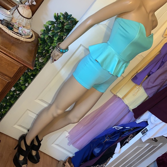 Turquoise strapless bustier leather peplum shorts romper playsuit jumpsuit S - Picture 14 of 15